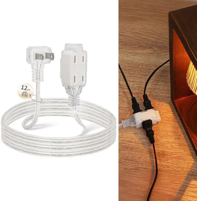 Main image of 12FT Clear Extension Cord, 3 Outlet, 90-Degree Flat Plug, 1 Pack