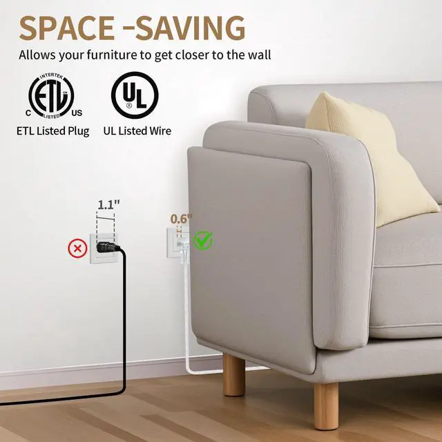 Alt view image 5 of 7 - 12FT Clear Extension Cord, 3 Outlet, 90-Degree Flat Plug, 1 Pack