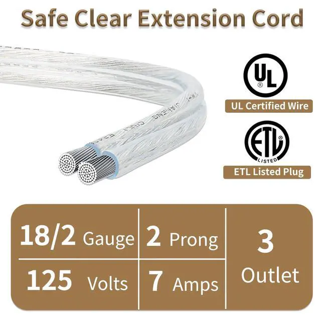 Alt view image 4 of 7 - 12FT Clear Extension Cord, 3 Outlet, 90-Degree Flat Plug, 1 Pack