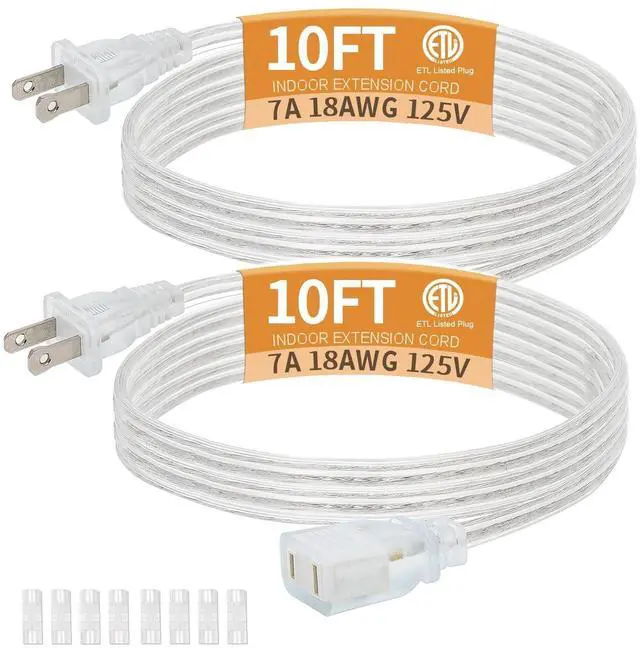 Main image of 2 Pack Clear Extension Cord with UL-Certified, 10 Feet Male to Female Extension Cords, 2 Prong Extension Cord, Power Cable for Light Fixtures, 2 x 18AWG 7A/150V Power Extension Cord