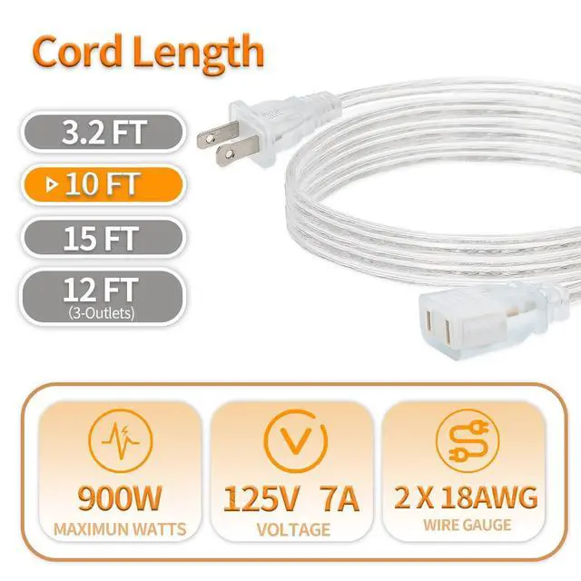 Alt view image 7 of 7 - 2 Pack Clear Extension Cord with UL-Certified, 10 Feet Male to Female Extension Cords, 2 Prong Extension Cord, Power Cable for Light Fixtures, 2 x 18AWG 7A/150V Power Extension Cord