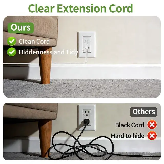 Alt view image 2 of 7 - 2 Pack 10FT Clear Extension Cord Indoor Thin, Invisible Extension Cord with UL-Certified, 2x18 AWG Male to Female Transparent Power Cable, 250V 10A 2 Prong Clear Line Cable for Light Fixtures