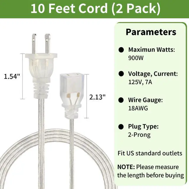 Alt view image 5 of 7 - 2 Pack 10FT Clear Extension Cord Indoor Thin, Invisible Extension Cord with UL-Certified, 2x18 AWG Male to Female Transparent Power Cable, 250V 10A 2 Prong Clear Line Cable for Light Fixtures