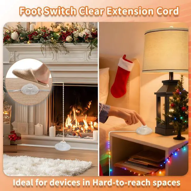 Alt view image 2 of 7 - 1 Pack 10 FT Clear Extension Cord with Foot Switch, 3 Outlet Christmas Tree Foot Switch Flat Wall Plug with UL-Certified, 2 Prong Invisible Extension Cord 2×18 AWG 3A 125V, Male to Female