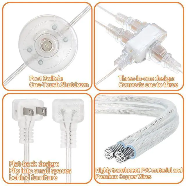 Alt view image 3 of 7 - 1 Pack 10 FT Clear Extension Cord with Foot Switch, 3 Outlet Christmas Tree Foot Switch Flat Wall Plug with UL-Certified, 2 Prong Invisible Extension Cord 2×18 AWG 3A 125V, Male to Female