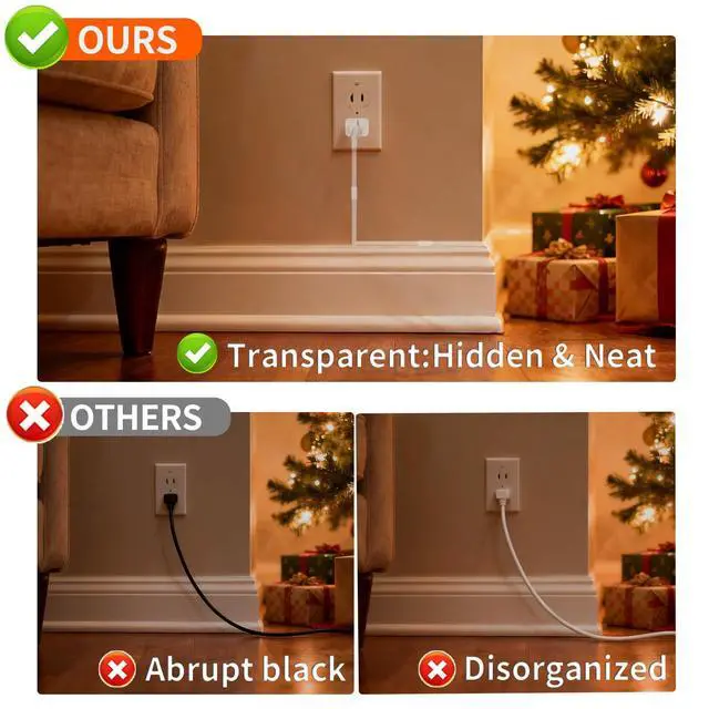 Alt view image 5 of 7 - 1 Pack 10 FT Clear Extension Cord with Foot Switch, 3 Outlet Christmas Tree Foot Switch Flat Wall Plug with UL-Certified, 2 Prong Invisible Extension Cord 2×18 AWG 3A 125V, Male to Female