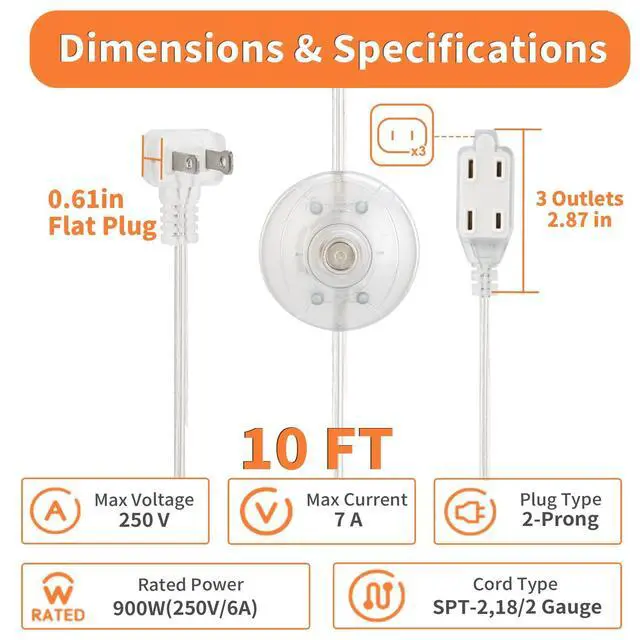 Alt view image 6 of 7 - 1 Pack 10 FT Clear Extension Cord with Foot Switch, 3 Outlet Christmas Tree Foot Switch Flat Wall Plug with UL-Certified, 2 Prong Invisible Extension Cord 2×18 AWG 3A 125V, Male to Female