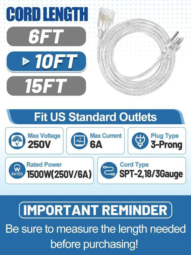 Alt view image 5 of 7 - 3 Prong Clear Extension Cord - 10 FT Male to Female Invisible Indoor Power Cable, UL-Certified, 3 x 18 AWG 250V 6A