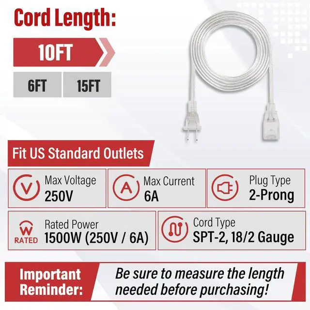 Alt view image 5 of 7 - 10 FT Clear Extension Cord - Male to Female Invisible Indoor 2 Prong Power Cable, Thin Extension Cord, UL-Certified, 2 x 18 AWG 250V 6A