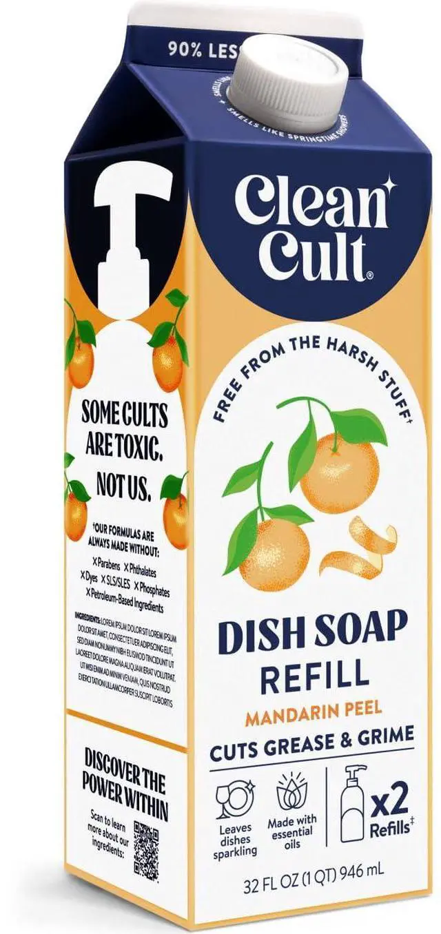 Main image of Dish Soap Liquid Refill (32oz, 1 Pack) - Plant Based Cleaning Power - Dish Soap that Cuts Grease & Grime - Free of Harsh Chemicals - Uses 90% Less Plastic - Mandarin Peel