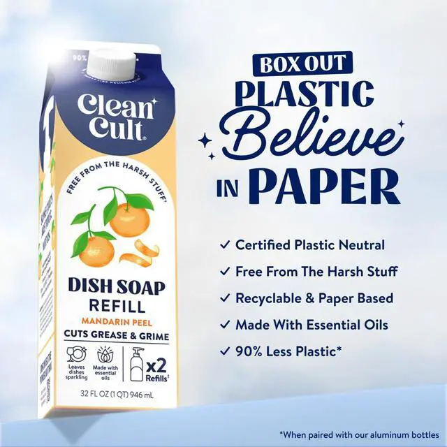 Alt view image 2 of 7 - Dish Soap Liquid Refill (32oz, 1 Pack) - Plant Based Cleaning Power - Dish Soap that Cuts Grease & Grime - Free of Harsh Chemicals - Uses 90% Less Plastic - Mandarin Peel