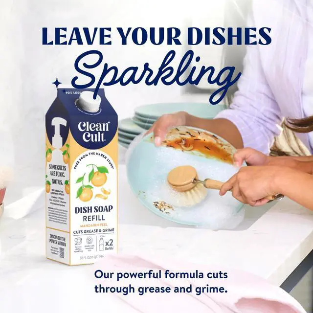 Alt view image 3 of 7 - Dish Soap Liquid Refill (32oz, 1 Pack) - Plant Based Cleaning Power - Dish Soap that Cuts Grease & Grime - Free of Harsh Chemicals - Uses 90% Less Plastic - Mandarin Peel