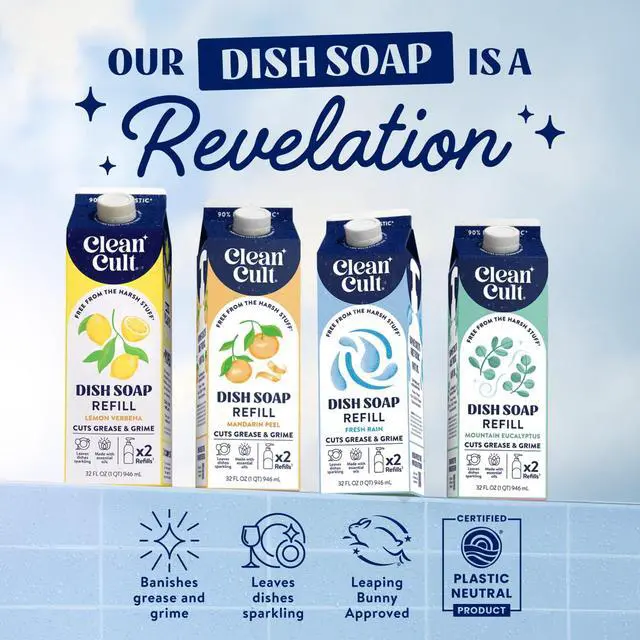 Alt view image 4 of 7 - Dish Soap Liquid Refill (32oz, 1 Pack) - Plant Based Cleaning Power - Dish Soap that Cuts Grease & Grime - Free of Harsh Chemicals - Uses 90% Less Plastic - Mandarin Peel