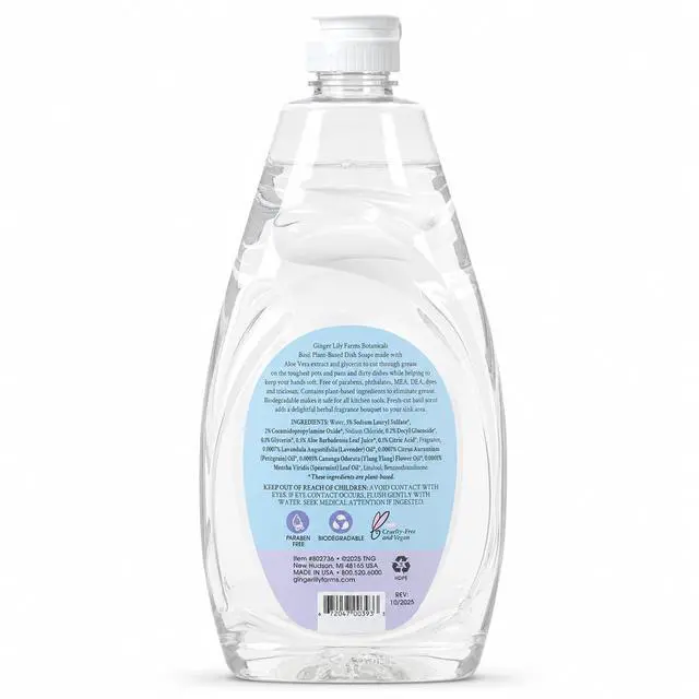 Alt view image 2 of 7 - Botanicals Liquid Dish Soap, 24oz, Basil | 100% Vegan & Cruelty-Free | Concentrated Plant-Based Formula with Max Grease Cleaning Power