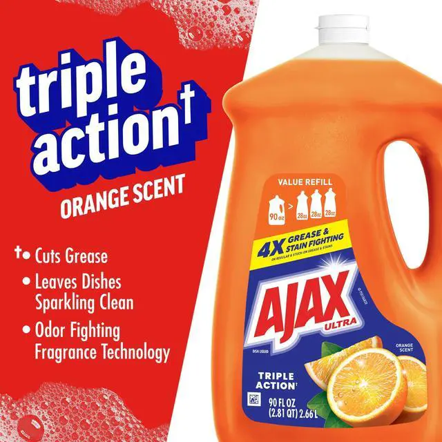 Alt view image 2 of 7 - Ultra Liquid Dish Soap, Triple Action, Orange Scent, 90 fl oz | Dish Detergent, Ajax Dish Soap, Dish Liquid, 4x Grease & Stain Fighting, Deep-Cleaning, Soft on Hands, Dishwashing Detergent