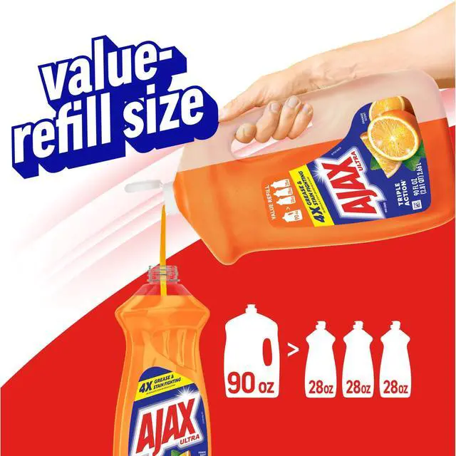 Alt view image 7 of 7 - Ultra Liquid Dish Soap, Triple Action, Orange Scent, 90 fl oz | Dish Detergent, Ajax Dish Soap, Dish Liquid, 4x Grease & Stain Fighting, Deep-Cleaning, Soft on Hands, Dishwashing Detergent