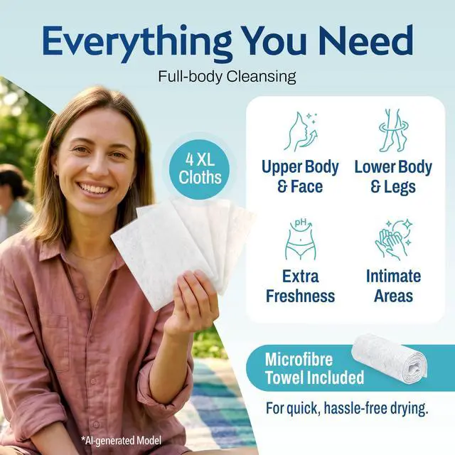 Alt view image 3 of 7 - Just-Add-Water Hygiene Kit No-Rinse Body Wash Cloths with Included Towel | Portable On-the-Go Pocket Shower for Camping, Travel, Gym, Backpacking & Emergencies | 1 Kit