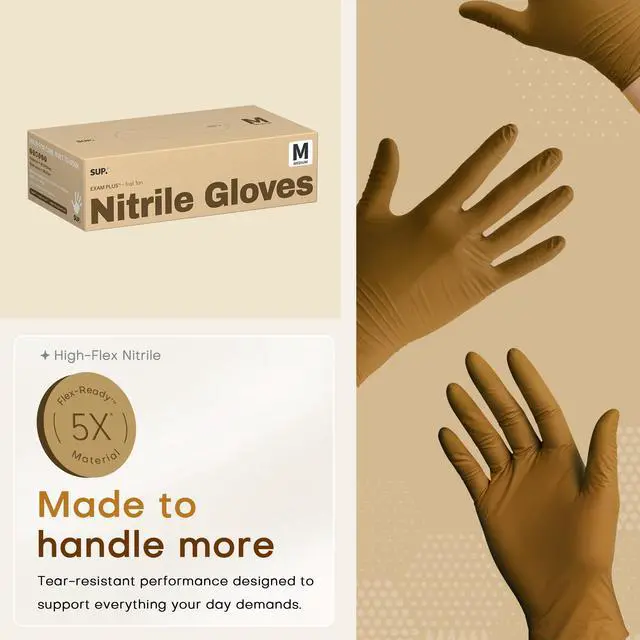 Alt view image 4 of 7 - Powder-Free Nitrile Exam Gloves, 100 Count Food Safe Latex-Free Disposable Gloves for Medical Cooking Cleaning Food Prep, Tan (Medium)