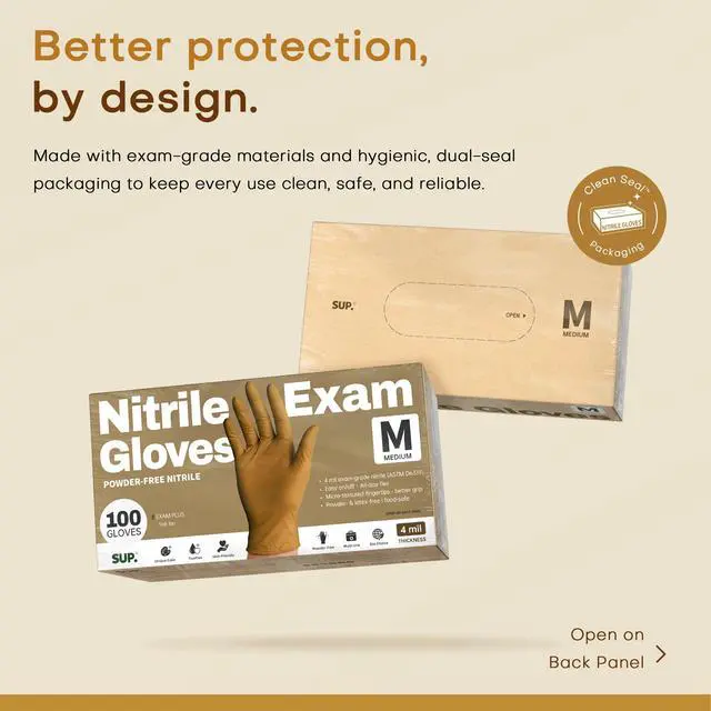 Alt view image 5 of 7 - Powder-Free Nitrile Exam Gloves, 100 Count Food Safe Latex-Free Disposable Gloves for Medical Cooking Cleaning Food Prep, Tan (Medium)