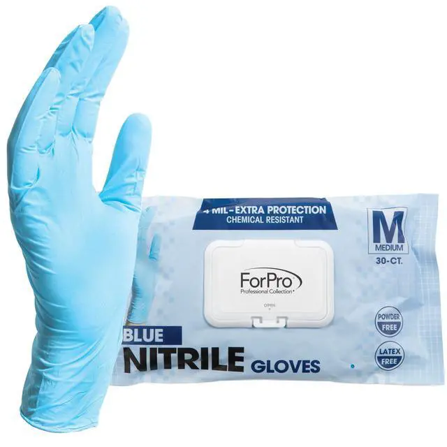 Alt view image 3 of 7 - Disposable Nitrile Gloves, Chemical Resistant, Powder-Free, Latex-Free, Non-Sterile, Food Safe, 4 Mil, Blue, Medium, 30-Count