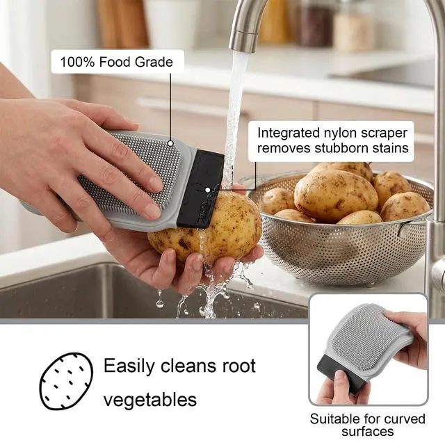 Alt view image 3 of 7 - Silicone Dish Scrubber, 3-in-1 Silicone Dish Sponge for Kitchen Cleaning | Silicone Sponge, Silicone Scrubber for Dishes Home Kitchen Washing Vegetable Fruit
