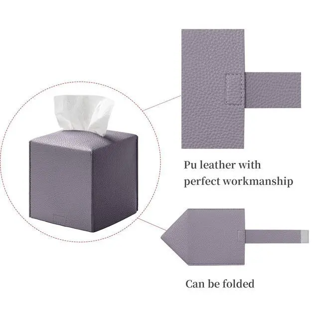 Alt view image 5 of 7 - Square Tissue Box Cover, Pu Leather Tissue Box Holder with Bottom Belt Modern Stylish Tissue Box Organizer for Bathroom, Bedroom, Hotel, Office Desk 5"X5"X5"