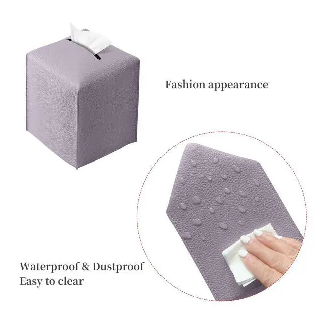 Alt view image 3 of 7 - Square Tissue Box Cover, Pu Leather Tissue Box Holder with Bottom Belt Modern Stylish Tissue Box Organizer for Bathroom, Bedroom, Hotel, Office Desk 5"X5"X5"