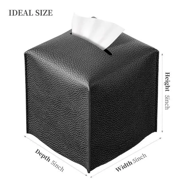 Alt view image 2 of 7 - Square Tissue Box Cover, Pu Leather Tissue Box Holder with Bottom Belt Modern Stylish Tissue Box Organizer for Bathroom, Bedroom, Hotel, Office Desk 5"X5"X5" (Black)