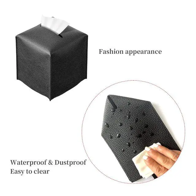 Alt view image 3 of 7 - Square Tissue Box Cover, Pu Leather Tissue Box Holder with Bottom Belt Modern Stylish Tissue Box Organizer for Bathroom, Bedroom, Hotel, Office Desk 5"X5"X5" (Black)
