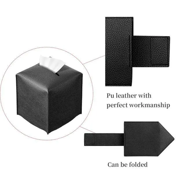 Alt view image 4 of 7 - Square Tissue Box Cover, Pu Leather Tissue Box Holder with Bottom Belt Modern Stylish Tissue Box Organizer for Bathroom, Bedroom, Hotel, Office Desk 5"X5"X5" (Black)