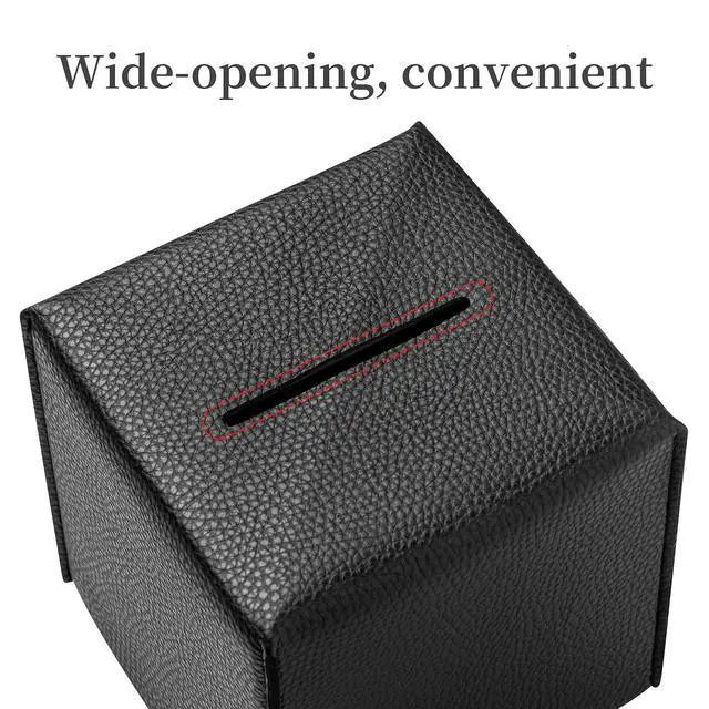 Alt view image 5 of 7 - Square Tissue Box Cover, Pu Leather Tissue Box Holder with Bottom Belt Modern Stylish Tissue Box Organizer for Bathroom, Bedroom, Hotel, Office Desk 5"X5"X5" (Black)