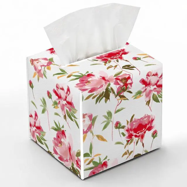 Main image of Watercolor Floral Tissue Box Cover, Spring Summer Tissue Box Holder, Square Facial Paper Case, Cube Facial Paper Organizer Dispenser for Bathroom Vanity Countertop Nightstands/Leather-02