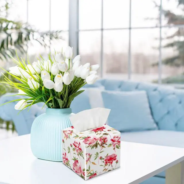 Alt view image 3 of 4 - Watercolor Floral Tissue Box Cover, Spring Summer Tissue Box Holder, Square Facial Paper Case, Cube Facial Paper Organizer Dispenser for Bathroom Vanity Countertop Nightstands/Leather-02