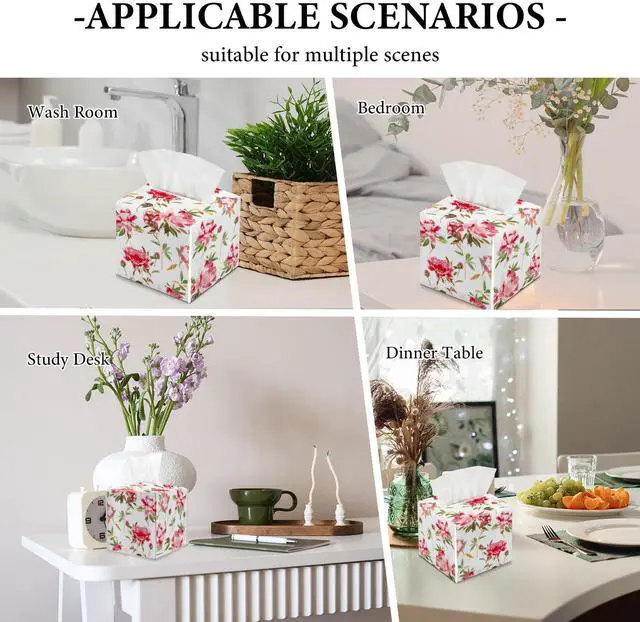 Alt view image 4 of 4 - Watercolor Floral Tissue Box Cover, Spring Summer Tissue Box Holder, Square Facial Paper Case, Cube Facial Paper Organizer Dispenser for Bathroom Vanity Countertop Nightstands/Leather-02