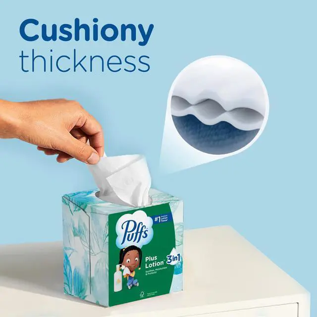 Alt view image 4 of 7 - Facial Tissues Plus Lotion, 1 Cube Box, 48 Facial Tissues per Box, Allergies and Colds (Packaging May Vary)