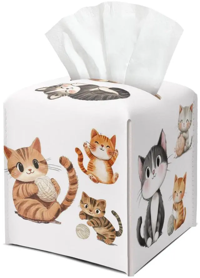 Main image of Cat Leather Tissue Box Cover Square Cute Creative Decorative Tissue Holder for Bathroom Home Office Gifts for Kids Girls Cat Lovers Sister Son Daughter Housewarming Birthday Gifts - DH536
