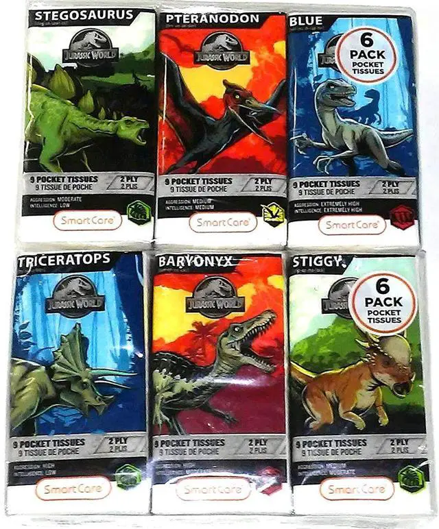 Main image of Jurassic World Pocket Facial Tissue Featuring Triceratops, Baryonyx, and Stiggy - 6 Pack