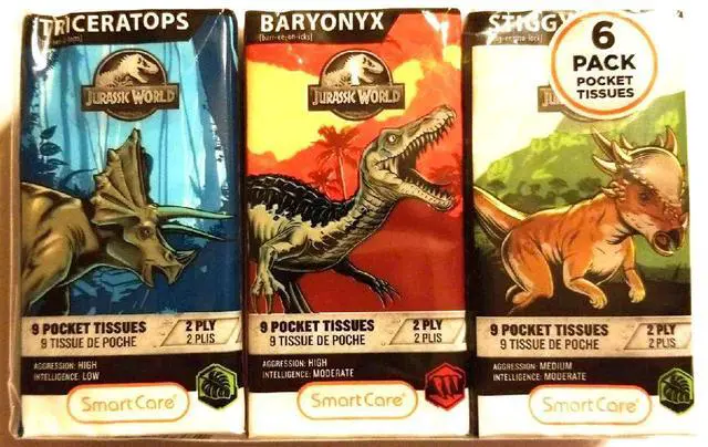 Alt view image 3 of 6 - Jurassic World Pocket Facial Tissue Featuring Triceratops, Baryonyx, and Stiggy - 6 Pack
