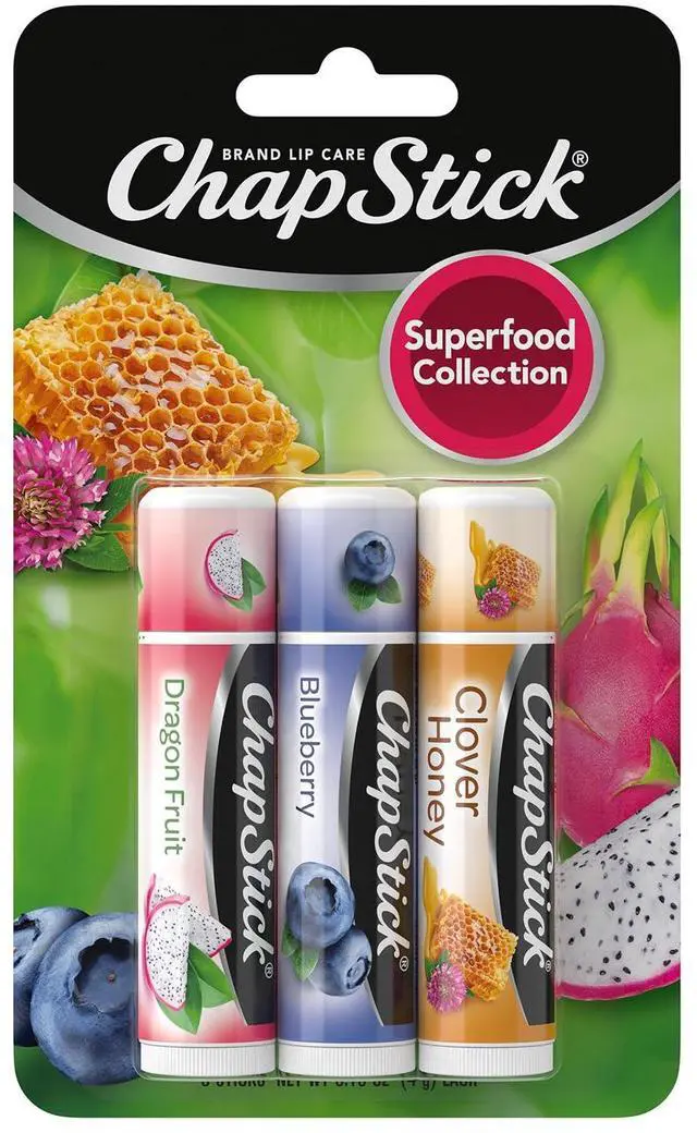 Main image of Lip Balm, Superfood Collection 3-Pack Dragon Fruit, Blueberry & Clover Honey, Moisturizer for Dry Lips, 0.15 Oz
