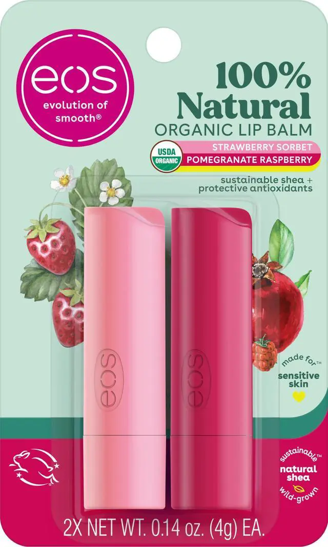 Main image of 100% Natural Lip Balm - Strawberry Sorbet and Pomegranate Raspberry, All-Day Moisture, Lip Care Products, 0.14 oz, 2-Pack