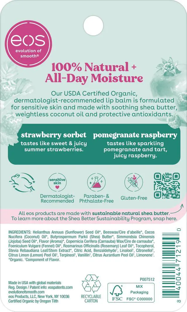 Alt view image 4 of 4 - 100% Natural Lip Balm - Strawberry Sorbet and Pomegranate Raspberry, All-Day Moisture, Lip Care Products, 0.14 oz, 2-Pack