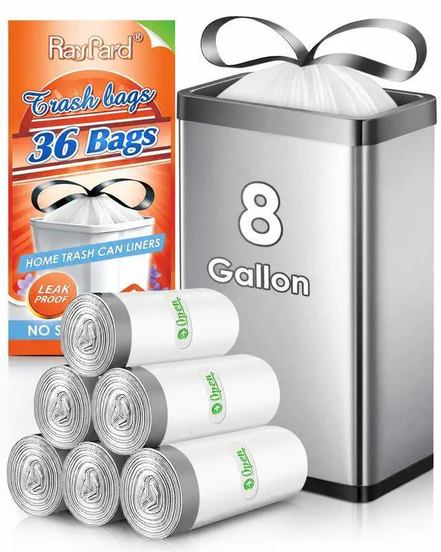 Main image of Medium 8 Gallon White Drawstring Trash Bags, 36 Count | Household Waste Basket Liners Fit 8 Gallon Kitchen Trash Cans, Tear Free&Leak Proof Sturdy For Home & Office Indoor Use