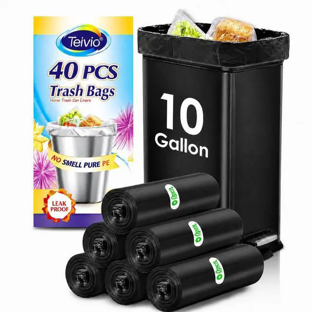 Main image of Medium Black Trash Bags 10 Gallon 40 Count Kitchen Garbage Bags | Fit 30-35 Liters,6,7,8,9,10Gal, Plastic Waste Basket Bins Can Liners for Home Bathroom Office Car,Unscented
