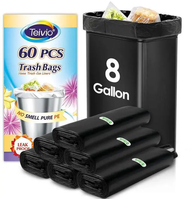 Main image of Medium Black Trash Bags 8 Gallon 60 Count Kitchen Garbage Bags | Fit 25-30 Liters,6,7,8,9Gal,Small Plastic Waste Basket Bins Can Liners for Home Bathroom Office Car,Unscented