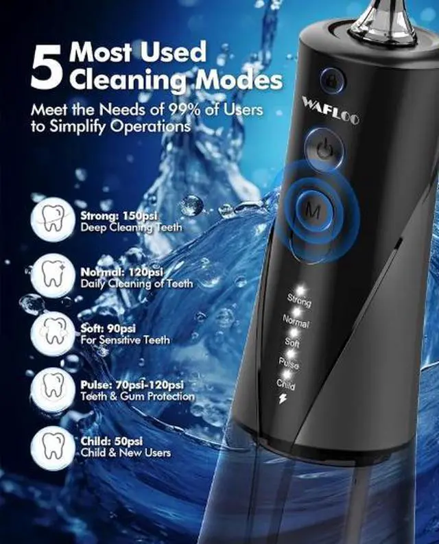 Alt view image 4 of 7 - Water Flosser for Teeth, 5 Modes, 6 Jet Tips, Rechargeable Cordless Portable 300ML Large Tank, IPX7 Waterproof Electric Oral Irrigator for Home & Travel9(Shipped in random color)