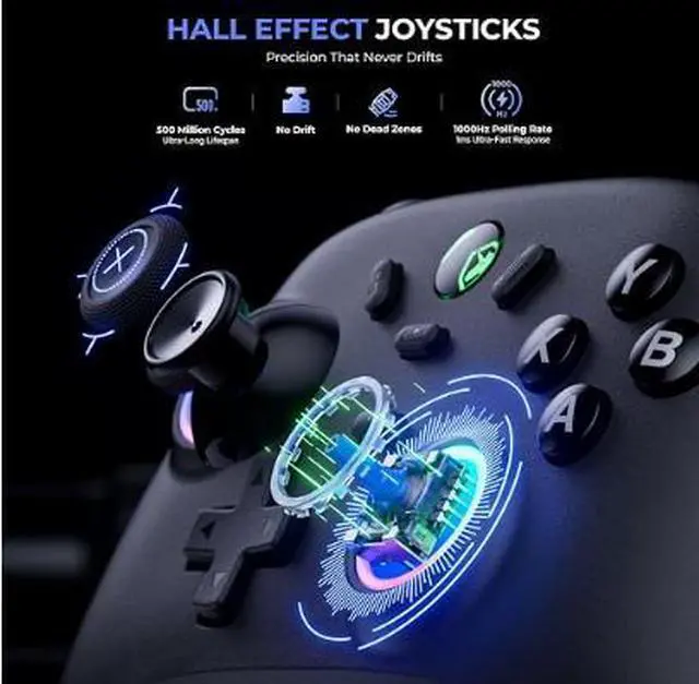 Alt view image 2 of 6 - Wireless PC Gaming Controller - Hall Effect Joystick, 2.4G & Wired 1000Hz Polling Rate, 800mAh Battery, Adjustable Turbo/Vibration - for PC/Switch/iOS/Android-off Black version