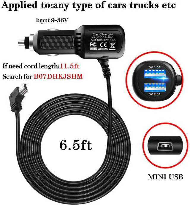 Alt view image 3 of 7 - Car Charger for Garmin Nuvi, Garmin GPS Charger Cable,Mini USB Power Cord Cable Dual Port USB Vehicle Power Charging Cable Cord for Garmi Nuvi C255 Dashcam