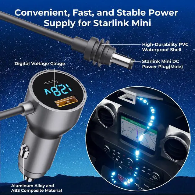 Alt view image 4 of 7 - Starlink Mini Car Adapter, Starlink Mini Car Charger, 3-in-1 DC Power Cable with 12V-48V Cigarette Lighter Adapter,PD 30W + USB-A 30W + DC 72W Car Power Supply for Trucks, RVs, Boats(10.1Ft)
