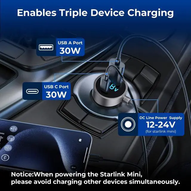 Alt view image 5 of 7 - Starlink Mini Car Adapter, Starlink Mini Car Charger, 3-in-1 DC Power Cable with 12V-48V Cigarette Lighter Adapter,PD 30W + USB-A 30W + DC 72W Car Power Supply for Trucks, RVs, Boats(10.1Ft)