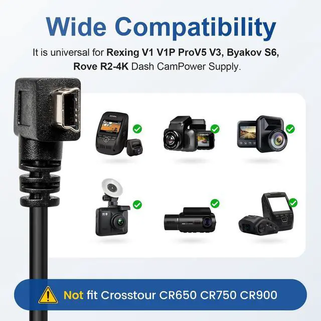 Alt view image 2 of 6 - Mini-B USB Dash Cam Power Cord 90° Right Angle for Rexing V1/V1P/Pro/V5/V3, Byakov S6, Rove R2-4K NOT for Micro USB or Type-C10